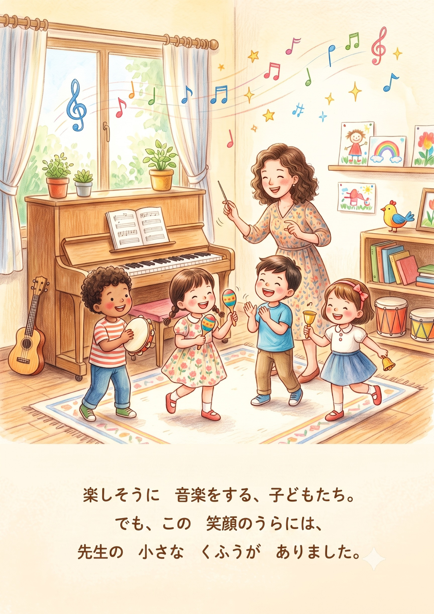 絵本見開き左ページ 楽しそうに音楽をする子どもたち