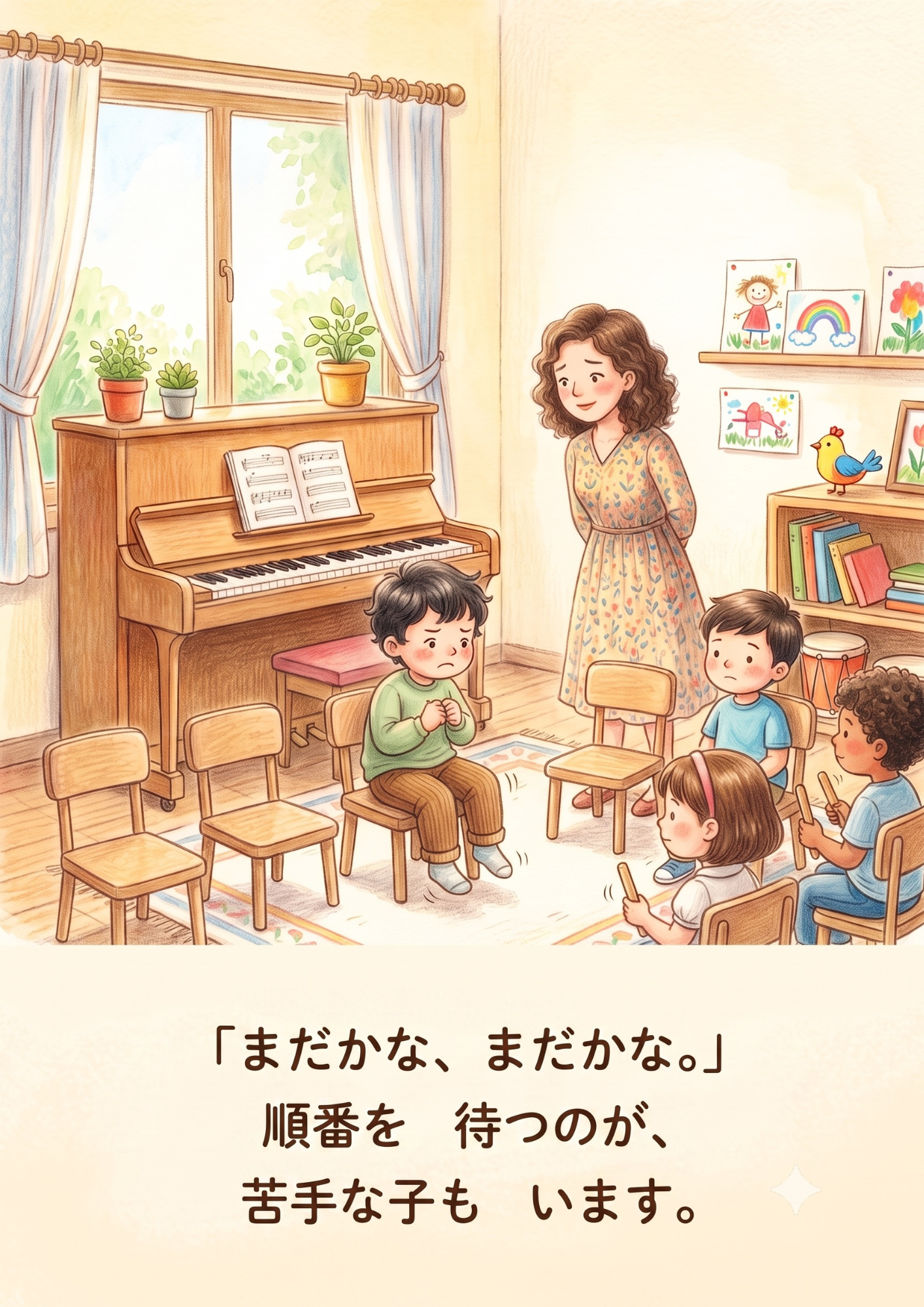 絵本見開き右ページ まだかな、まだかな。順番を待つのが苦手な子